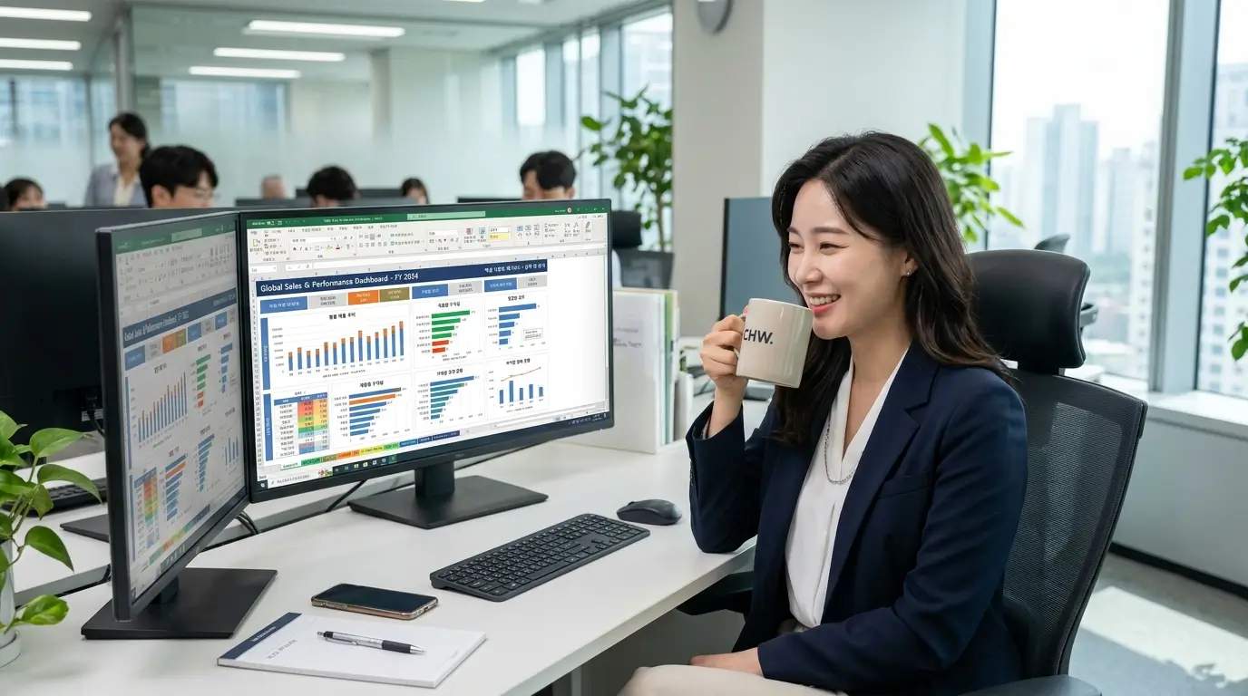 완벽하게 세팅된 엑셀 자동화 대시보드를 띄워두고 여유롭게 커피를 마시는 스마트한 직장인의 모습
