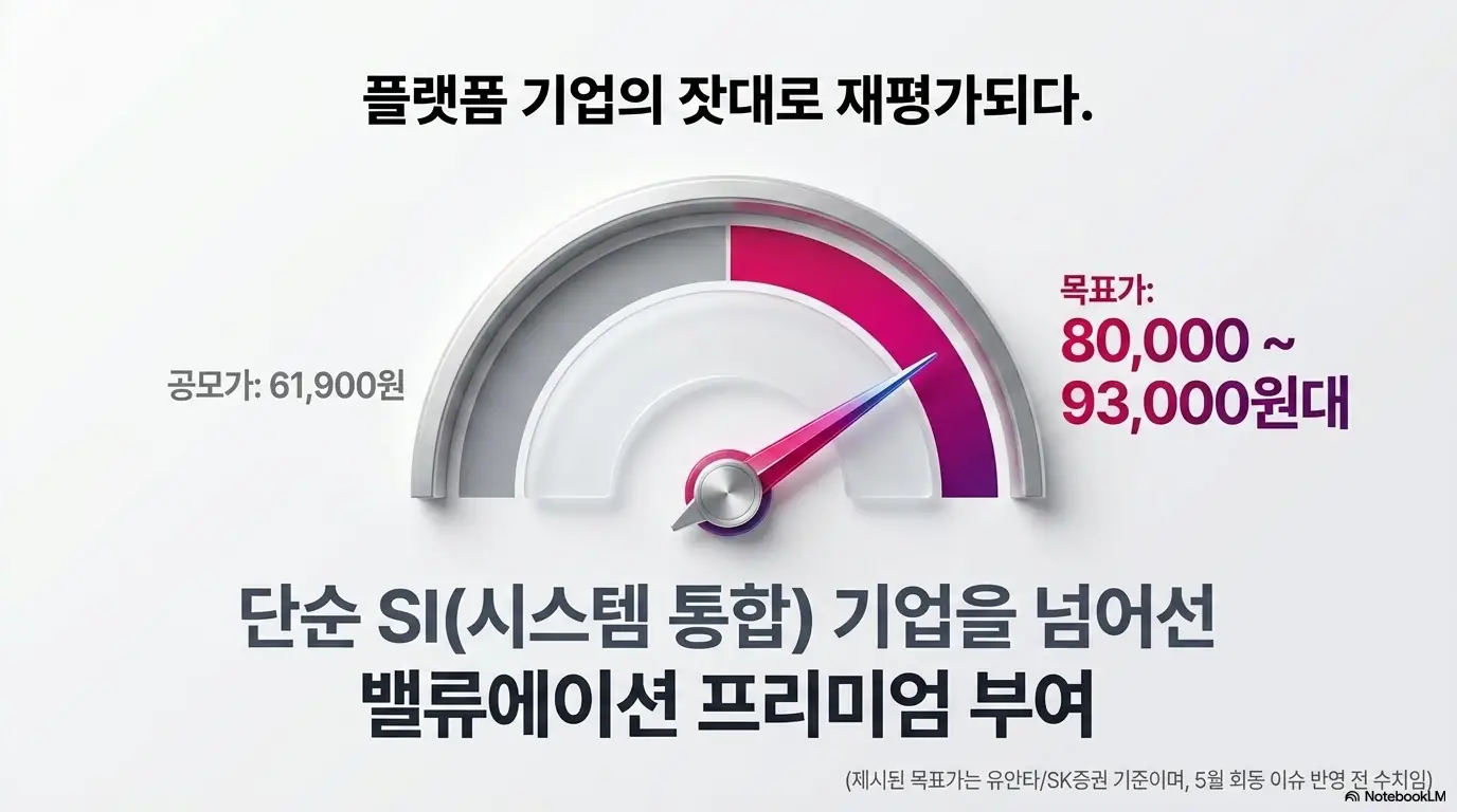 LG CNS 주가 전망: LG CNS가 단순 SI 기업을 넘어 플랫폼 기업의 잣대로 재평가된다는 내용을 담은 이미지. 공모가 61&amp;#44;900원과 증권가 목표주가 80&amp;#44;000원에서 93&amp;#44;000원대 구간&amp;#44; 밸류에이션 프리미엄 부여를 시각적으로 전달하며&amp;#44; 블로그의 LG 씨엔에스 목표주가와 공모가 흐름과 관련된 내용을 설명함