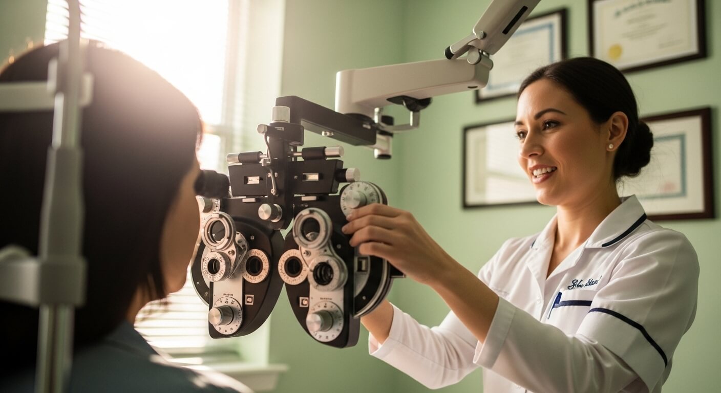 안과에서 시력검사를 진행하는 여성 검사자와 검사받는 사람