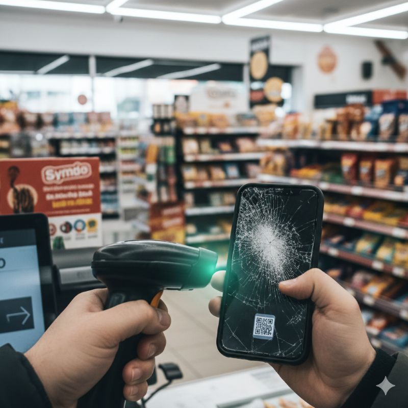 편의점 카운터에서 사장이 스캐너를 들고 초등학생 혹은 중학생 손님의 심하게 파손된 '거미줄 액정' 스마트폰 속 바코드를 조심스럽게 인식시키려 노력하는 모습. 빛 반사와 굴절을 극복해야 하는 고독하고 치열한 광학적 사투의 현장.