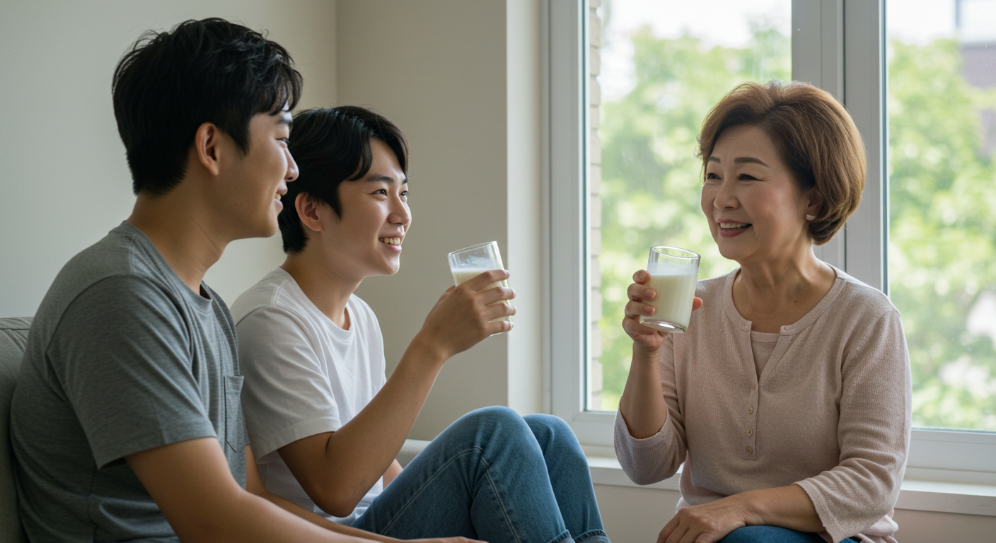 창가에 가족이 함께 앉아 우유를 마시고 있는 모습