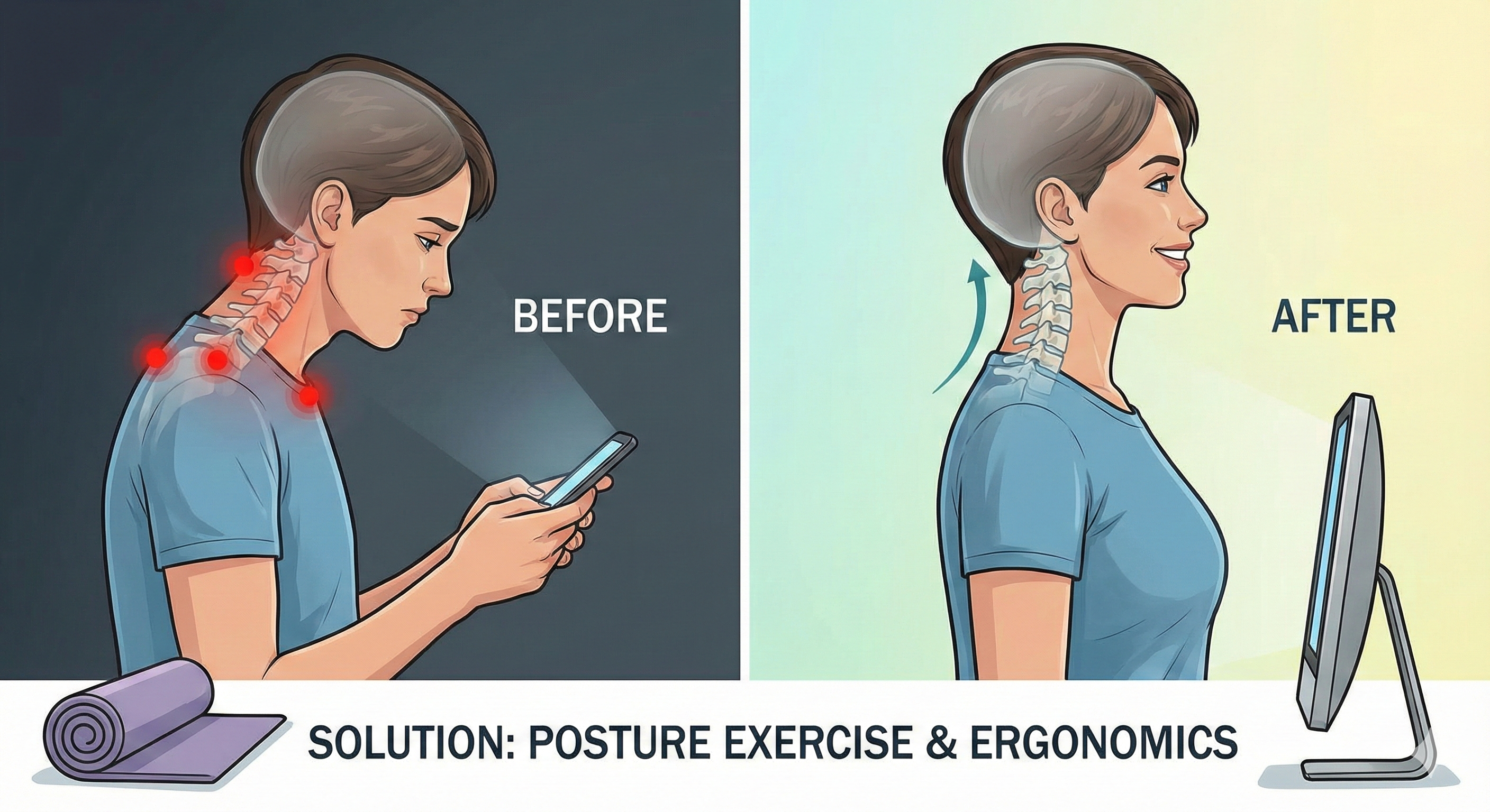 바른 자세로 교정되어가는 과정과 척추의 C자 커브가 강조된 해부학적/라이프스타일 이미지
