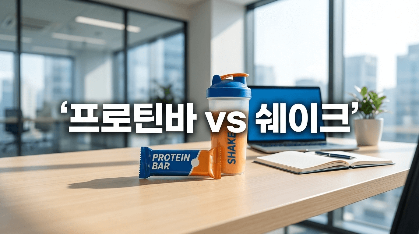 프로틴바와 프로틴 쉐이크가 나란히 놓인 직장인 책상 위 비교 구도, 직장인 단백질 간식 선택 가이드 2026