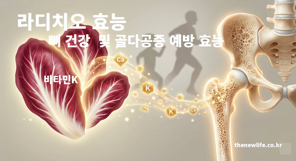 라디치오 효능 중 뼈를 튼튼하게 하고 골다공증을 예방하는 비타민K 성분 작용 원리 인포그래픽
