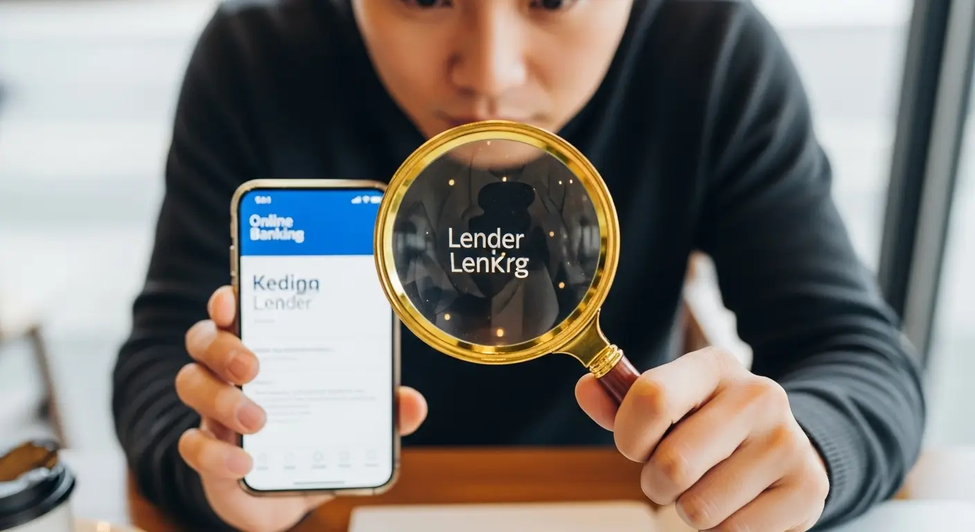 스마트폰으로 대부업체 이름을 검색하며, 돋보기로 정식 등록 여부를 확인하려는 신중한 모습