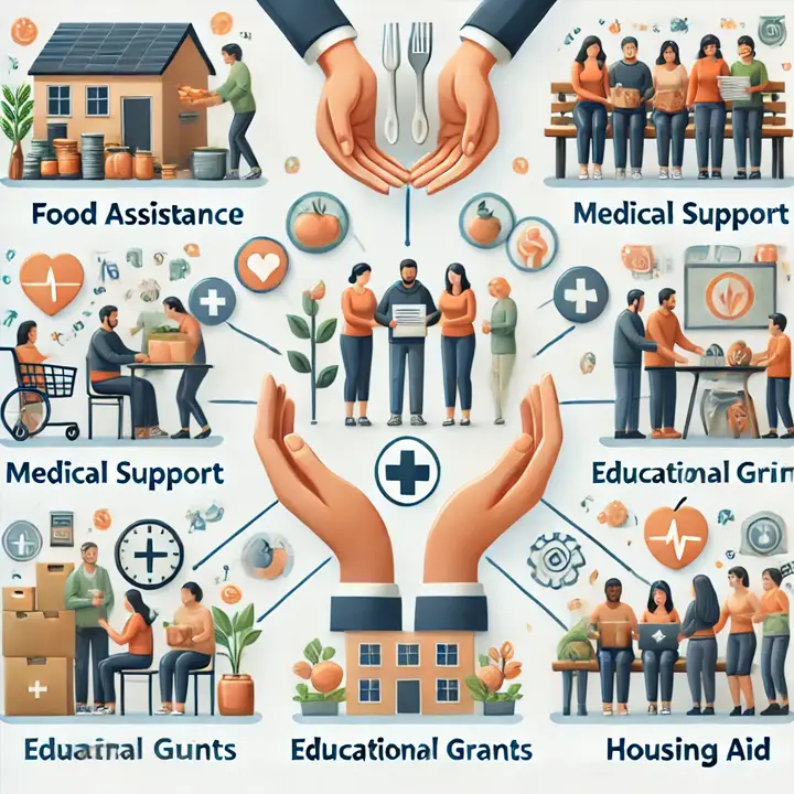 차상위계층 혜택을 받는 사람들을 돕는 이미지. 도움의 손길을 주는 모습과 지원 혜택을 설명하는 인포그래픽.