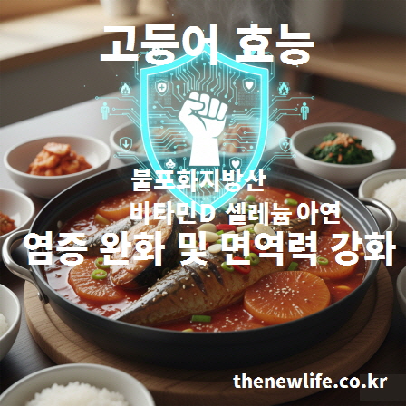 고등어의 불포화지방산과 비타민D가 염증 완화 및 면역력 강화에 도움이 되는 효능을 설명하는 이미지