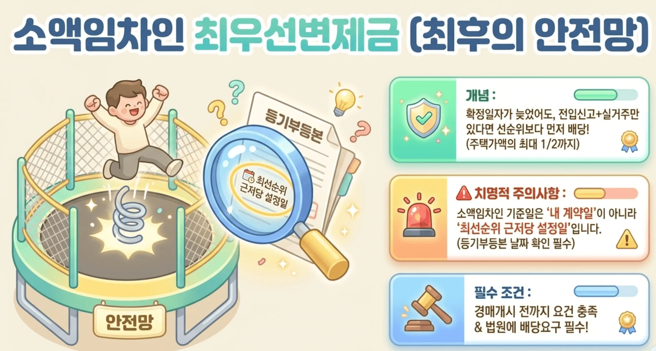 전세보증금 반환: 최후의 안전망인 소액임차인 최우선변제금을 트램펄린으로 비유한 일러스트입니다. 확정일자가 늦어도 전입신고와 실거주 요건을 갖추면 선순위보다 먼저 배당받는 개념을 설명합니다. 특히 소액임차인 기준일이 내 계약일이 아닌 등기부등본 상의 &amp;#39;최선순위 근저당 설정일&amp;#39;이라는 치명적인 주의사항과&amp;#44; 법원에 배당요구를 반드시 해야 한다는 조건이 명시되어 있습니다. 