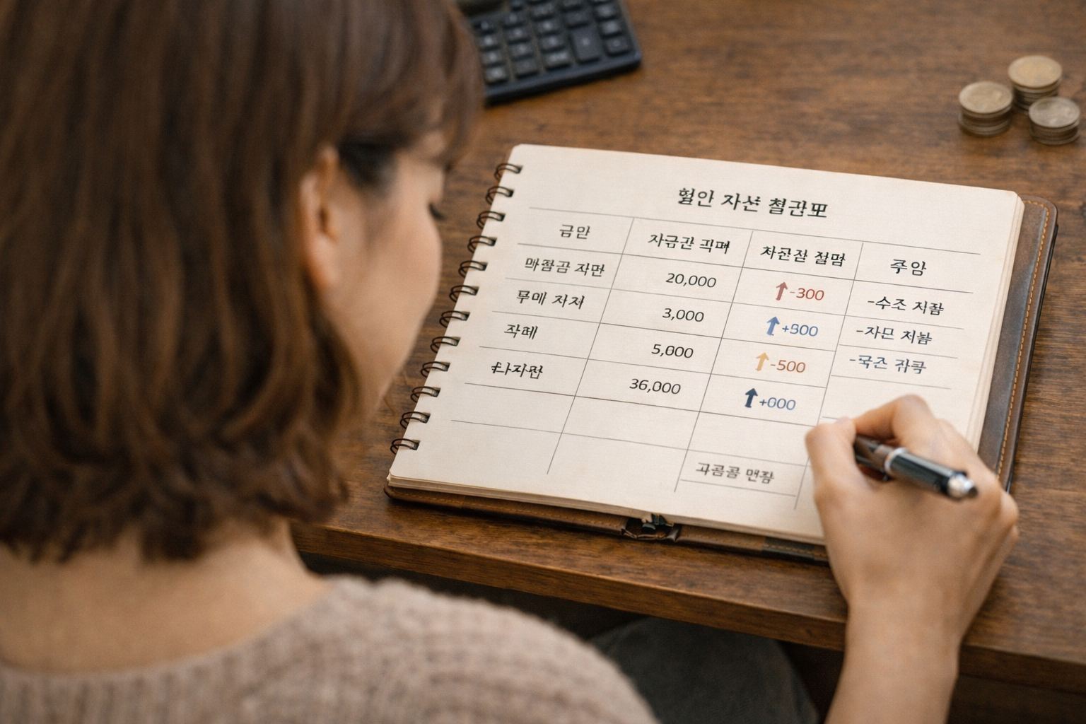 월간 자산 점검표를 작성하며 메모를 남기는 여성의 뒷모습