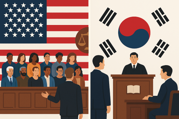 미국과 한국의 형사재판 절차를 비교한 일러스트. 왼쪽은 배심원 12명이 참여한 미국 법정, 오른쪽은 판사 단독 심리로 진행되는 한국 법정을 묘사.