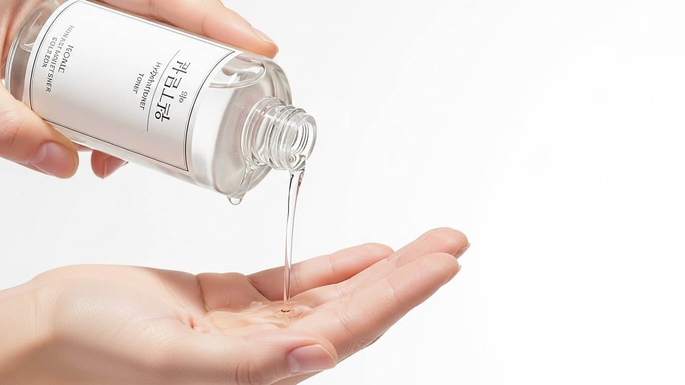 Close-up of hands pouring hydrating Korean toner from a clear bottle onto the palm, minimal K-beauty style