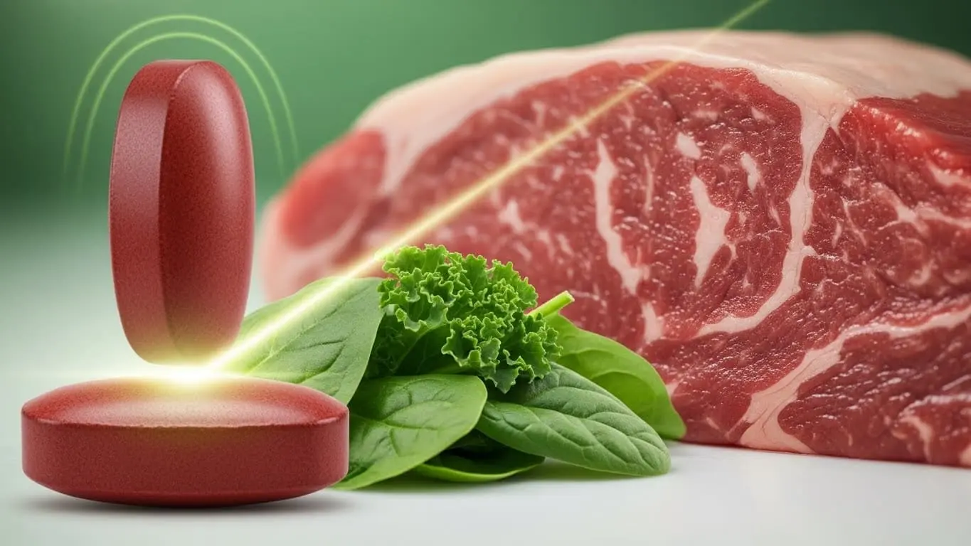 철분제와 신선한 붉은 고기, 채소가 함께 놓여 있어 철분 섭취의 중요성을 시각적으로 보여줍니다.