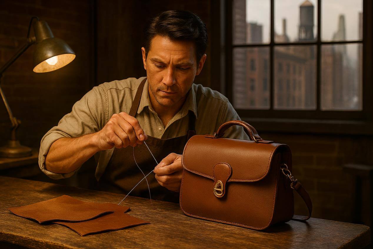 1940년대 뉴욕 공방에서 장인이 코치 가죽 가방을 제작하는 장면