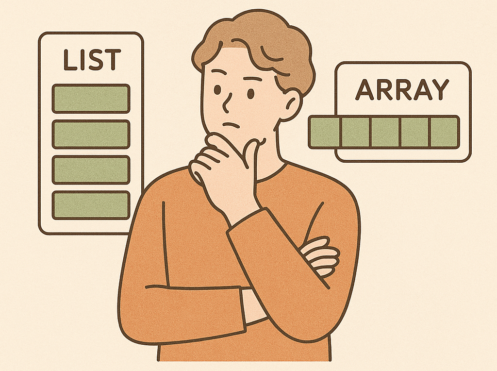 한 남자가 List와 Array중 어떤 자료구조를 활용할 지 고민하고 있다.