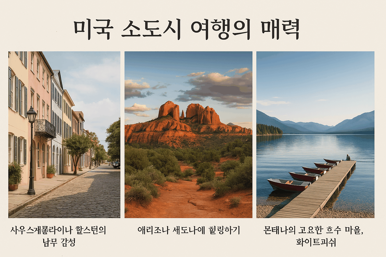 미국 찰스턴, 세도나, 화이트피쉬의 소도시 매력을 담은 세 장의 이미지