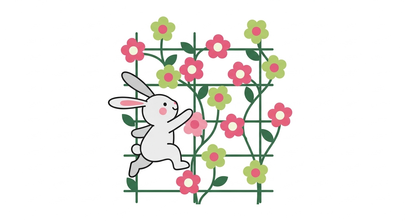 꽃이 핀 격자 구조물을 타고 오르며 장애물을 유연하게 극복하고 성장하는 토끼 캐릭터 일러스트