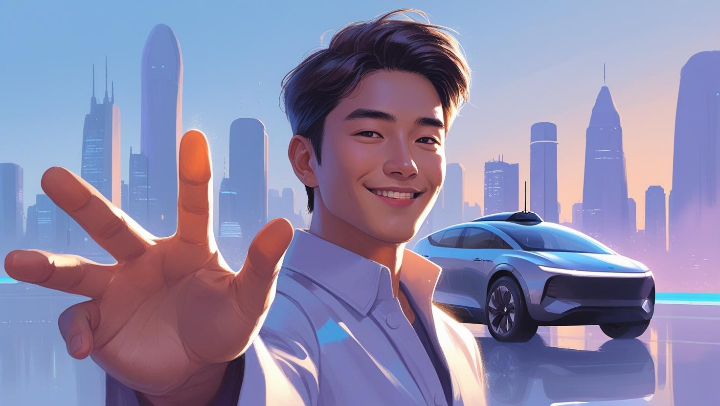 미래 모빌리티의 희망적인 비전을 바라보는 인물