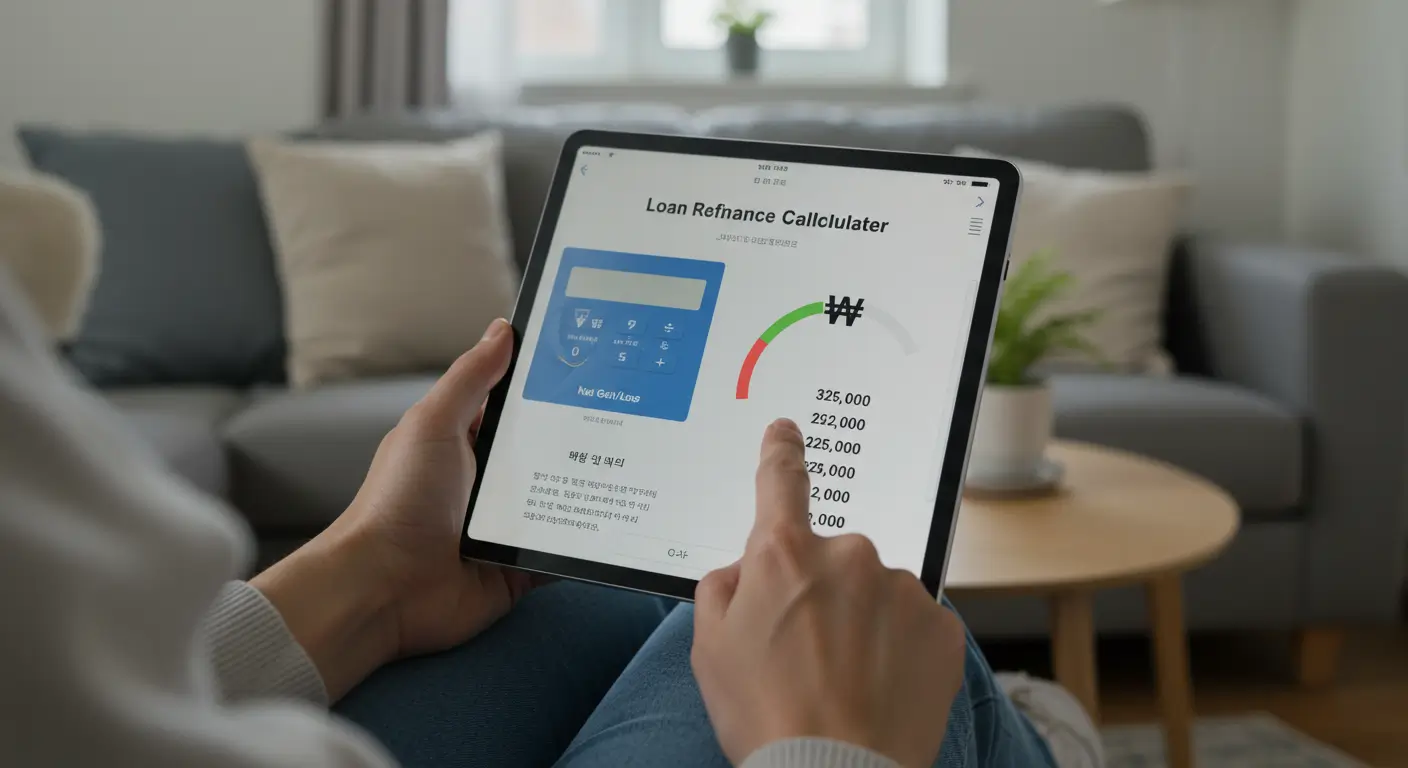 태블릿의 순이익손실 계산기 앱으로 1금융권에서 저축은행 대환 시 유불리를 계산하는 모습