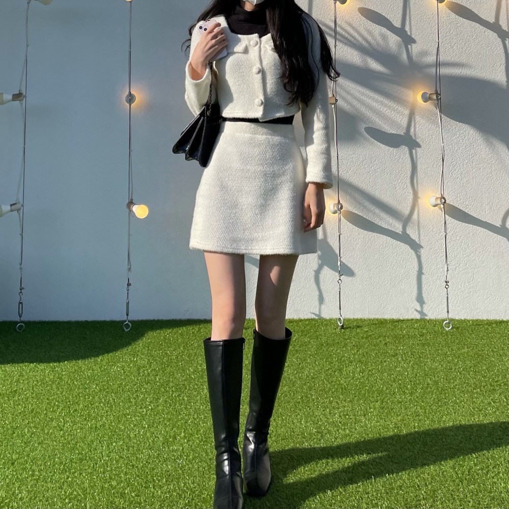 여성 하객룩 봄 가을 겨울 앙고라 니트 투피스 코디세트