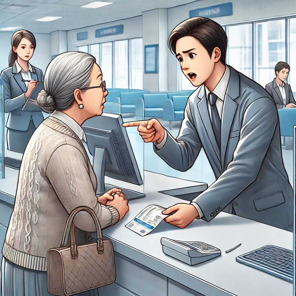 한국 노년 여성이 은행 창구에서 돈을 송금하려 하자 은행 직원이 급하게 설명하며 제지하는 모습