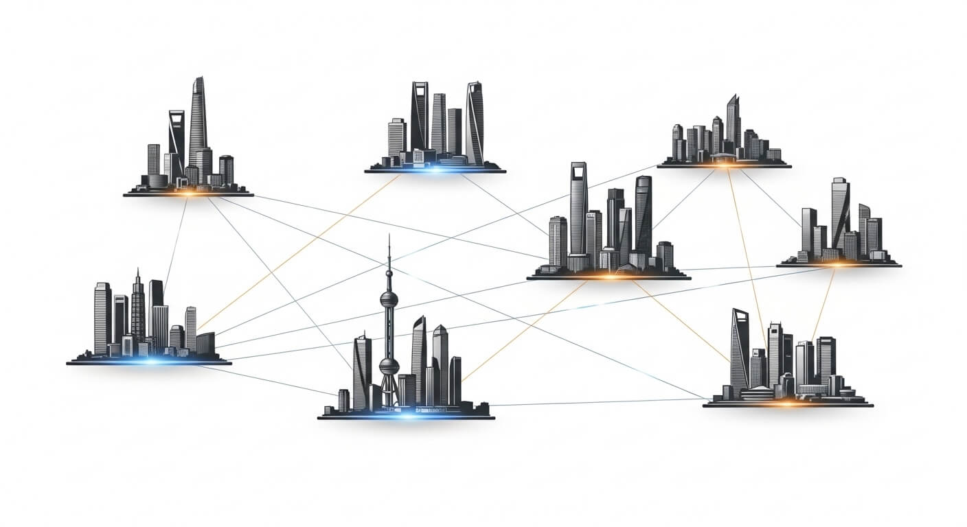 여러 메가시티가 네트워크로 연결된 다극형 도시 발전 개념 인포그래픽