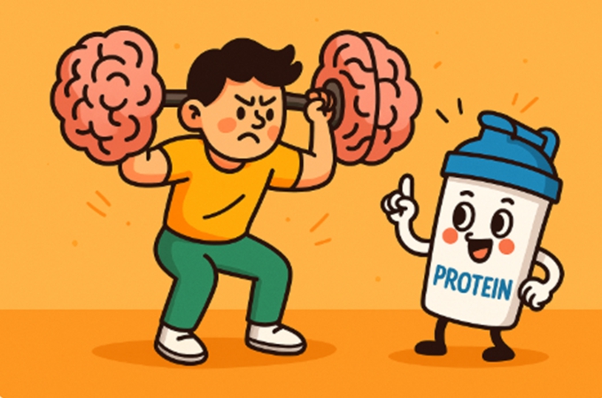 단백질이 뇌 속 신경전달물질 생성을 돕는다는 개념을 시각화한 일러스트 — 귀여운 두뇌 캐릭터가 단백질 블록을 받아 활발하게 일하는 모습