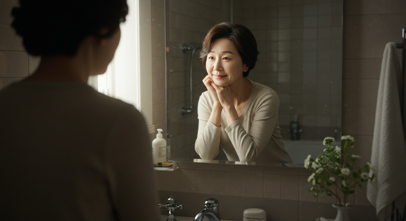 거울을 바라보며 웃는 여성