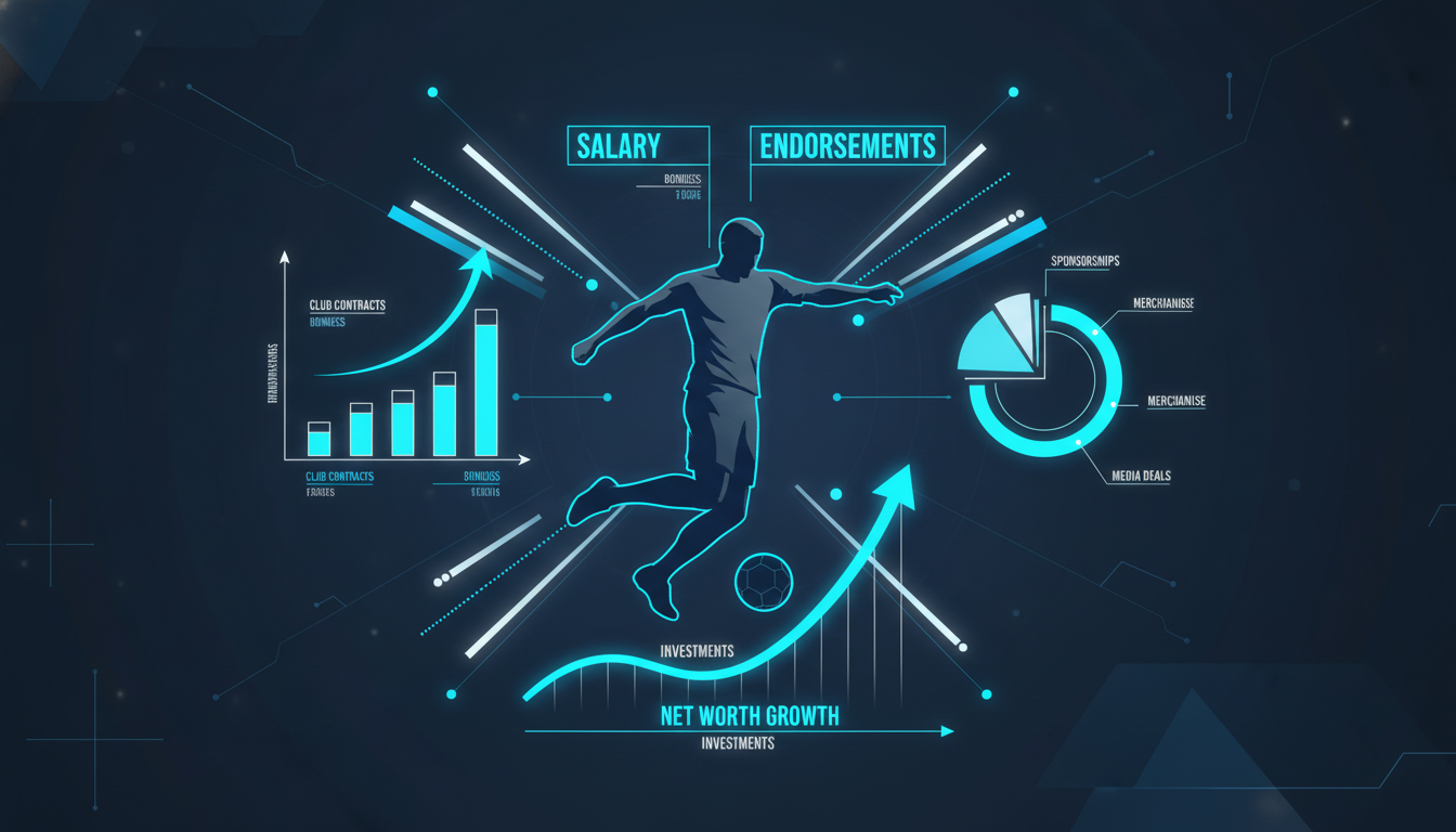 축구 선수의 실루엣 주변으로 연봉과 광고 수익을 나타내는 영문 텍스트와 상승하는 그래프가 그려진 인포그래픽 일러스트