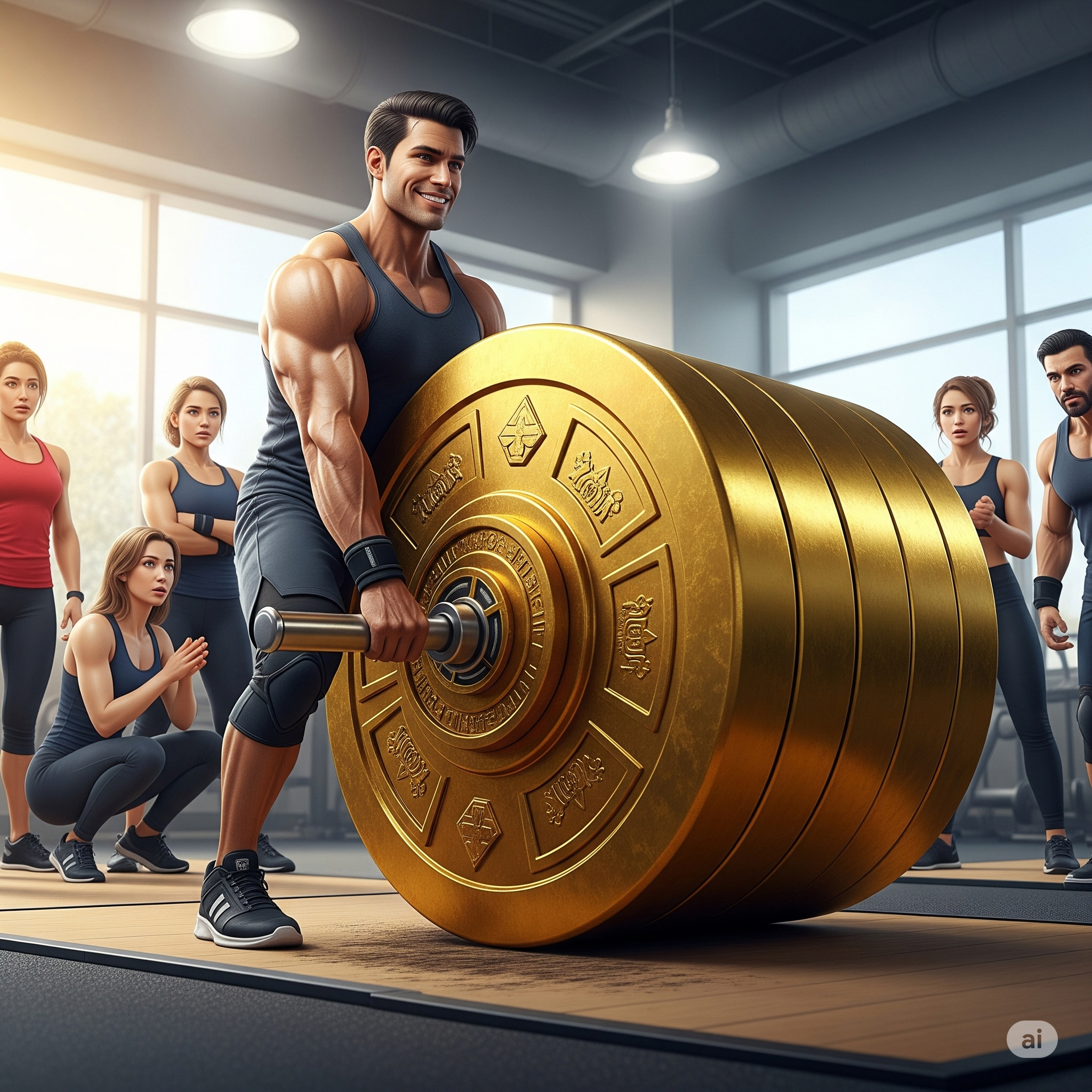 근육질의 남자가 자기보다 더 큰 역도를 들어올리려 하는 모습