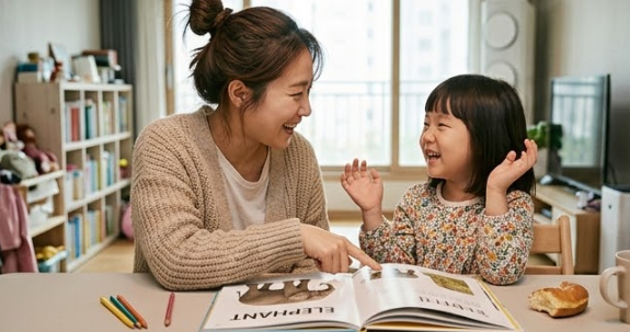 엄마와 아이가 마주 보고 앉아 영어 교재를 보며 대화하는 다정한 모습