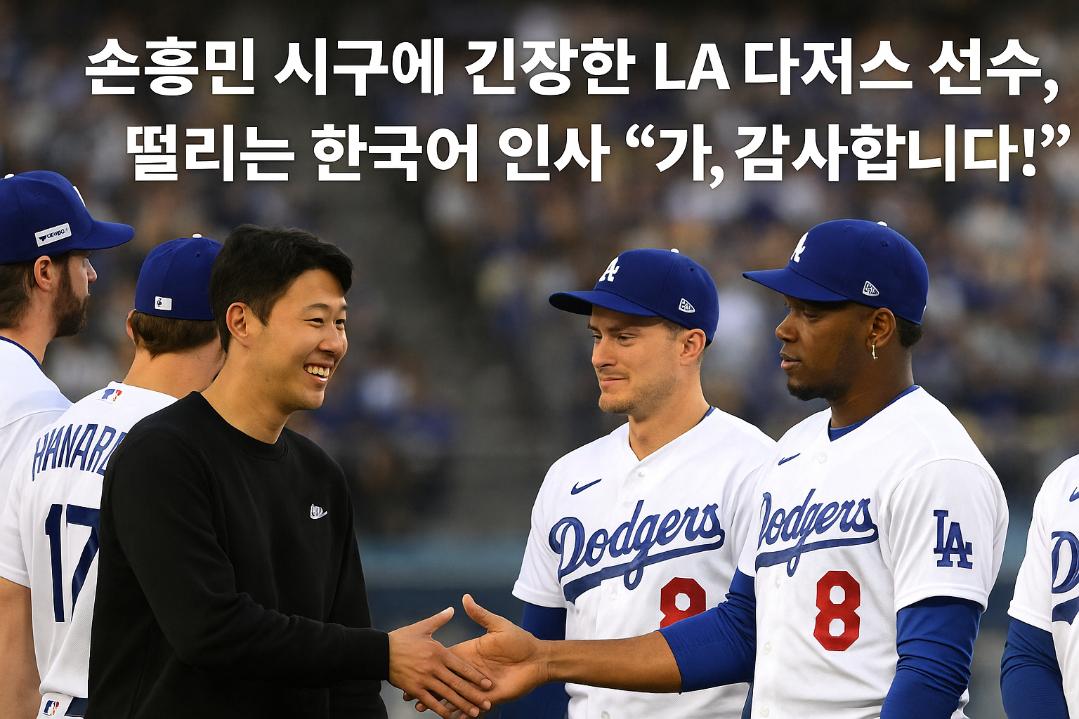 손흥민 시구에 긴장한 LA 다저스 선수들, 떨리는 한국어 인사 &ldquo;가, 감사합니다!&rdquo;