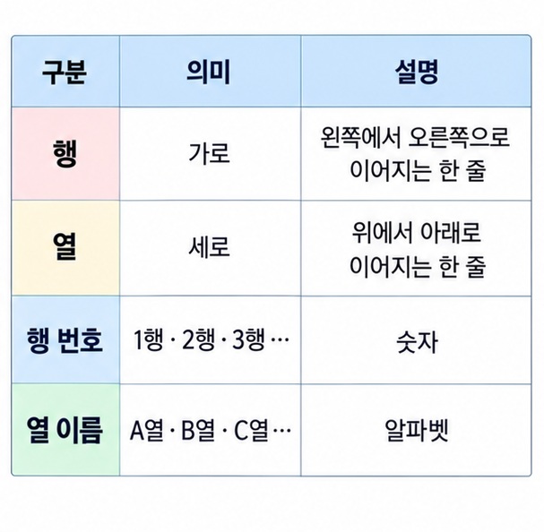 행 가로 열 세로 행 번호 숫자 열 이름 알파벳을 표로 정리한 이미지