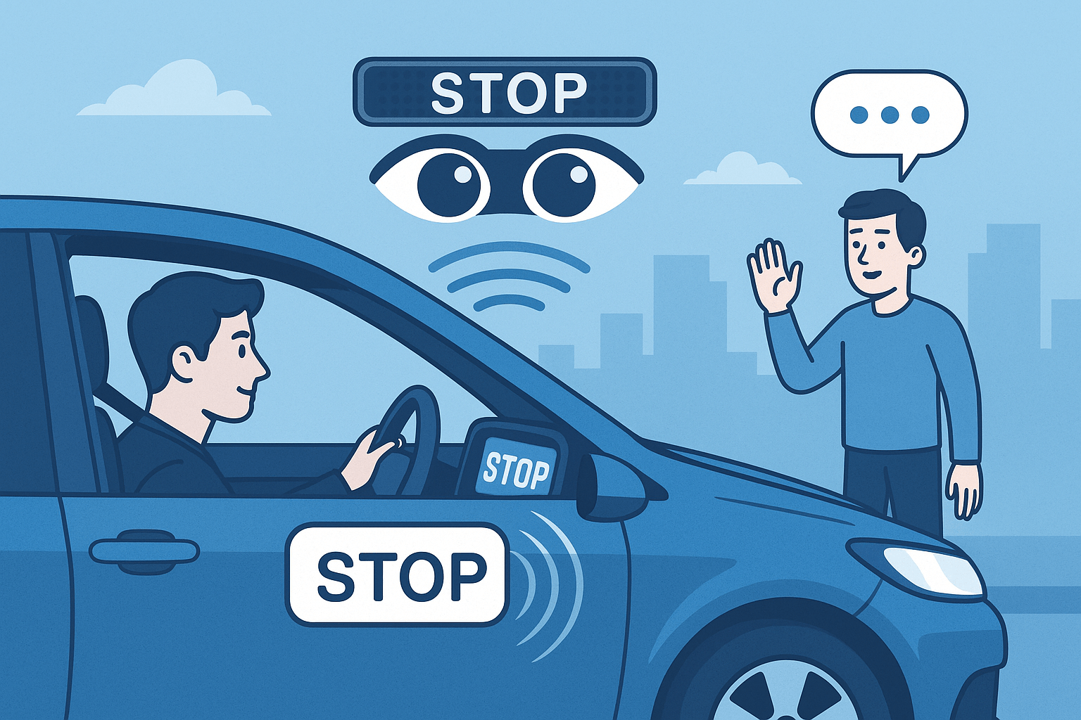 차량은 전면에 **&quot;STOP&quot;**이라는 문구와 디지털 눈 모양 인터페이스를 띄워 보행자에게 정지 의사를 전달하고 있으며, 차량 옆면에도 동일한 메시지가 시각적으로 강조되어 있습니다.

한쪽에는 보행자가 손을 들어 인사하거나 신호를 보내는 모습이 표현되어 있고, 말풍선 속 점(dot)들은 의사 표현의 시작을 상징합니다.
두 인물 사이엔 무선 전파 모양의 신호선이 시각화되어 있어, 기계와 인간 간의 비언어적 소통이 이뤄지고 있음을 보여줍니다.

전체적으로 파란색 계열의 차분한 색감과 단순화된 도시 배경이 조화를 이루며, 기술적이면서도 친근한 분위기를 전달합니다.
HMI(Human-Machine Interface) 기술이 자율주행차 시대에 어떻게 작동하고 있는지를 명확하고 직관적으로 보여주는 대표 이미지입니다.이 이미지는 자율주행차와 보행자 간의 의사소통을 묘사한 일러스트입니다.