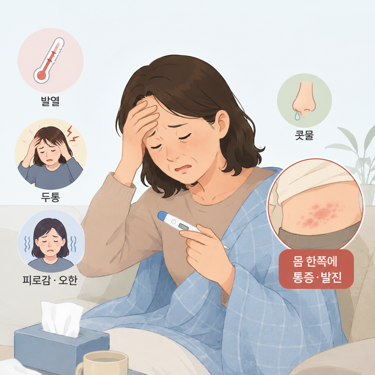 발열과 콧물 증상을 호소하는 중년 여성
