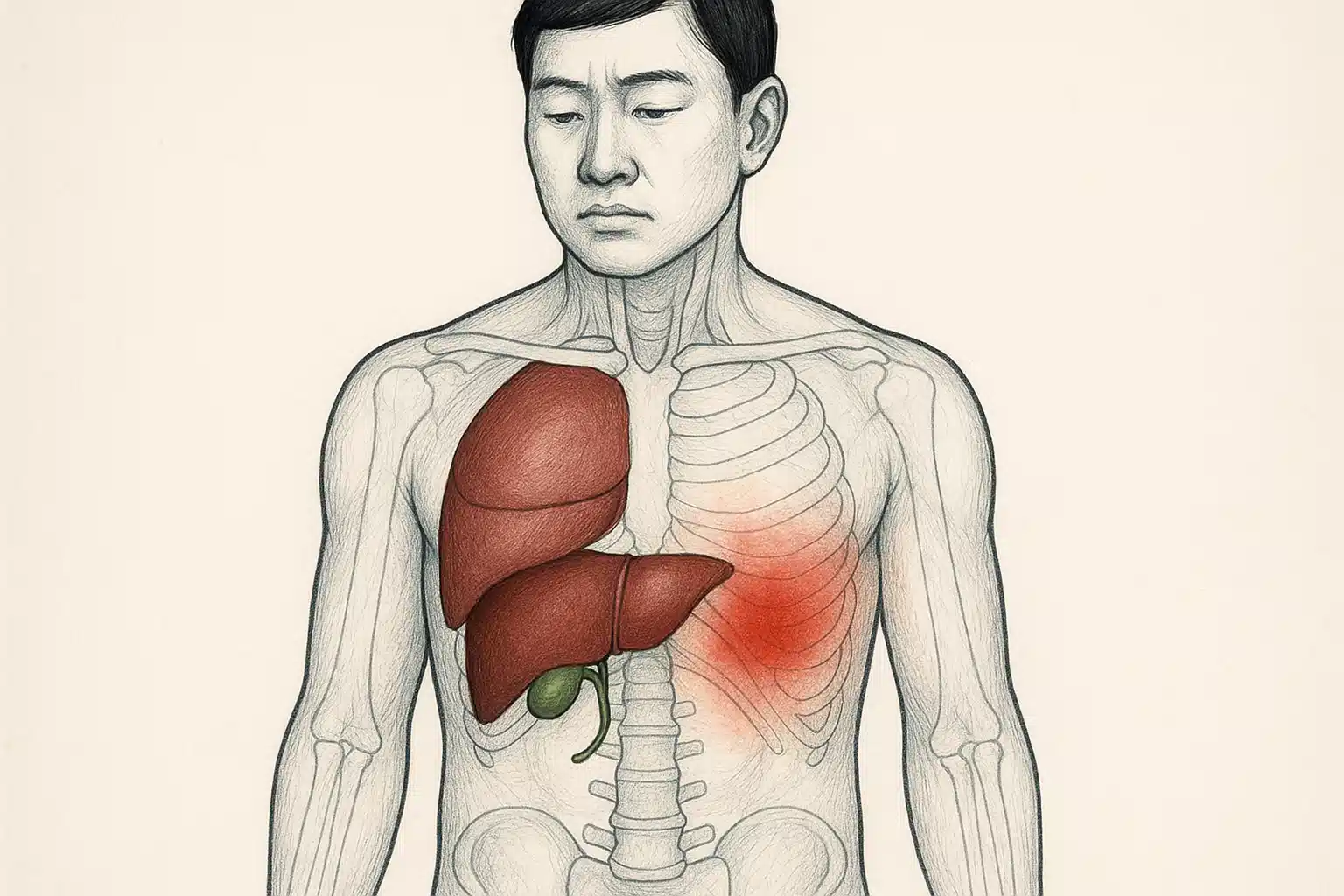 간과 담낭을 강조한 인체 해부도 스타일, 오른쪽 상복부 통증