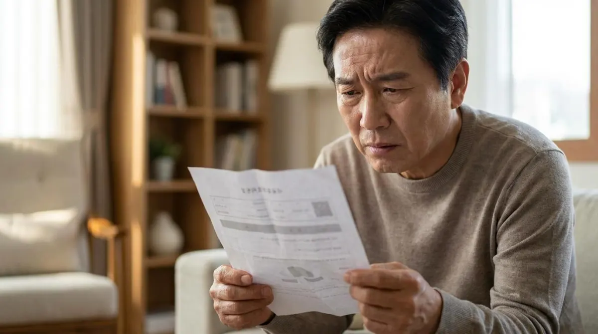 건강보험료 폭탄 고지서를 보고 당황하는 은퇴자의 모습
