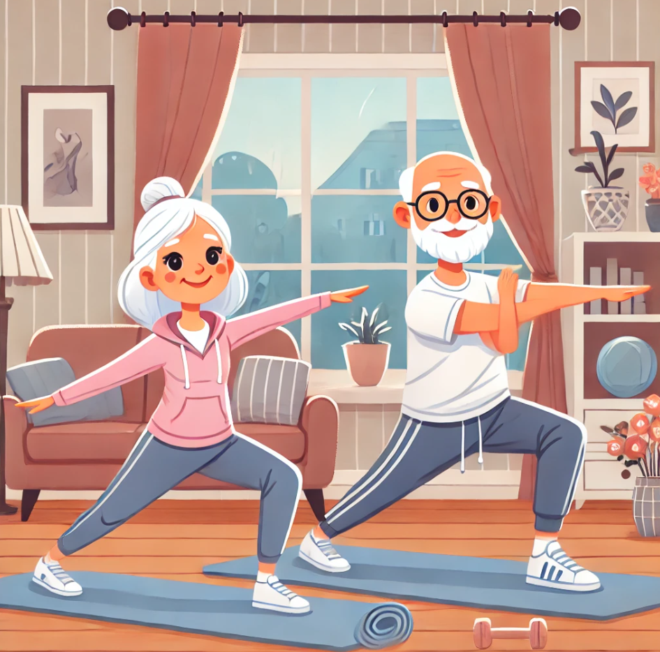 70대 노부부 실내에서 유연성 기르기 운동과 관련된 사진