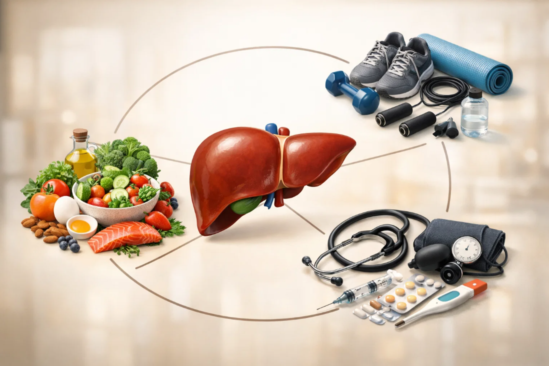 MASLD 관리 전략을 나타낸 이미지, 간을 중심으로 식단&middot;운동&middot;약물&middot;의료 관리 요소 연결