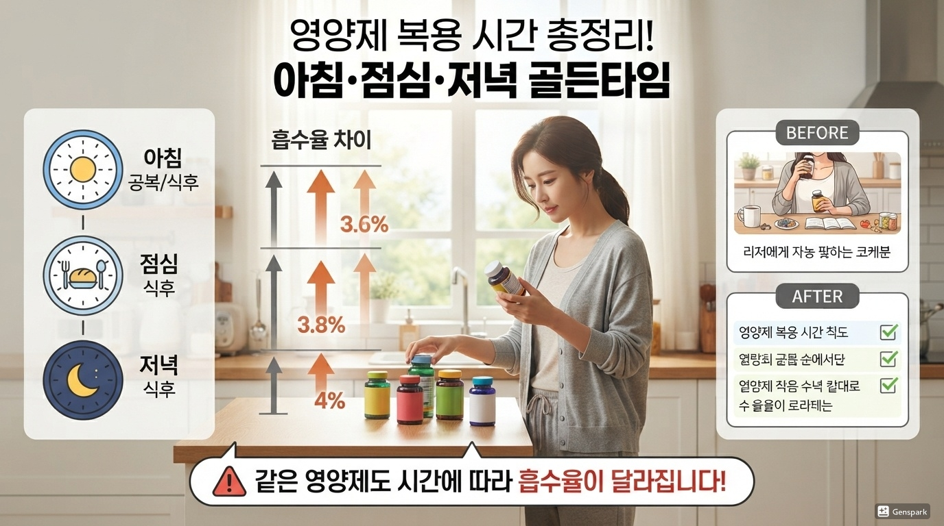 영양제 복용 시간 총정리! 아침·점심·저녁 골든타임 제대로 알고 먹으세요