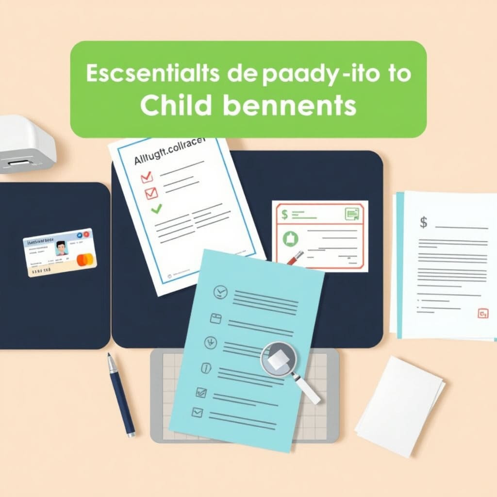 책상 위에 신분증, 가족관계증명서, 소득 관련 서류 등 자녀장려금 신청에 필요할 수 있는 서류의 일부가 정돈되어 놓여 있는 모습입니다. 중요 서류의 일부가 강조되거나 관련 아이콘과 함께 배치될 수 있습니다. 신청 준비 단계에서 필요한 정보를 상기시켜 줍니다. 깔끔하고 정보 전달에 초점을 맞춘 사진 또는 디자인 스타일입니다.