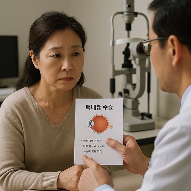 백내장 수술 전, 마취 설명을 듣고 있는 환자의 진지한 모습(출처: 자체제작)