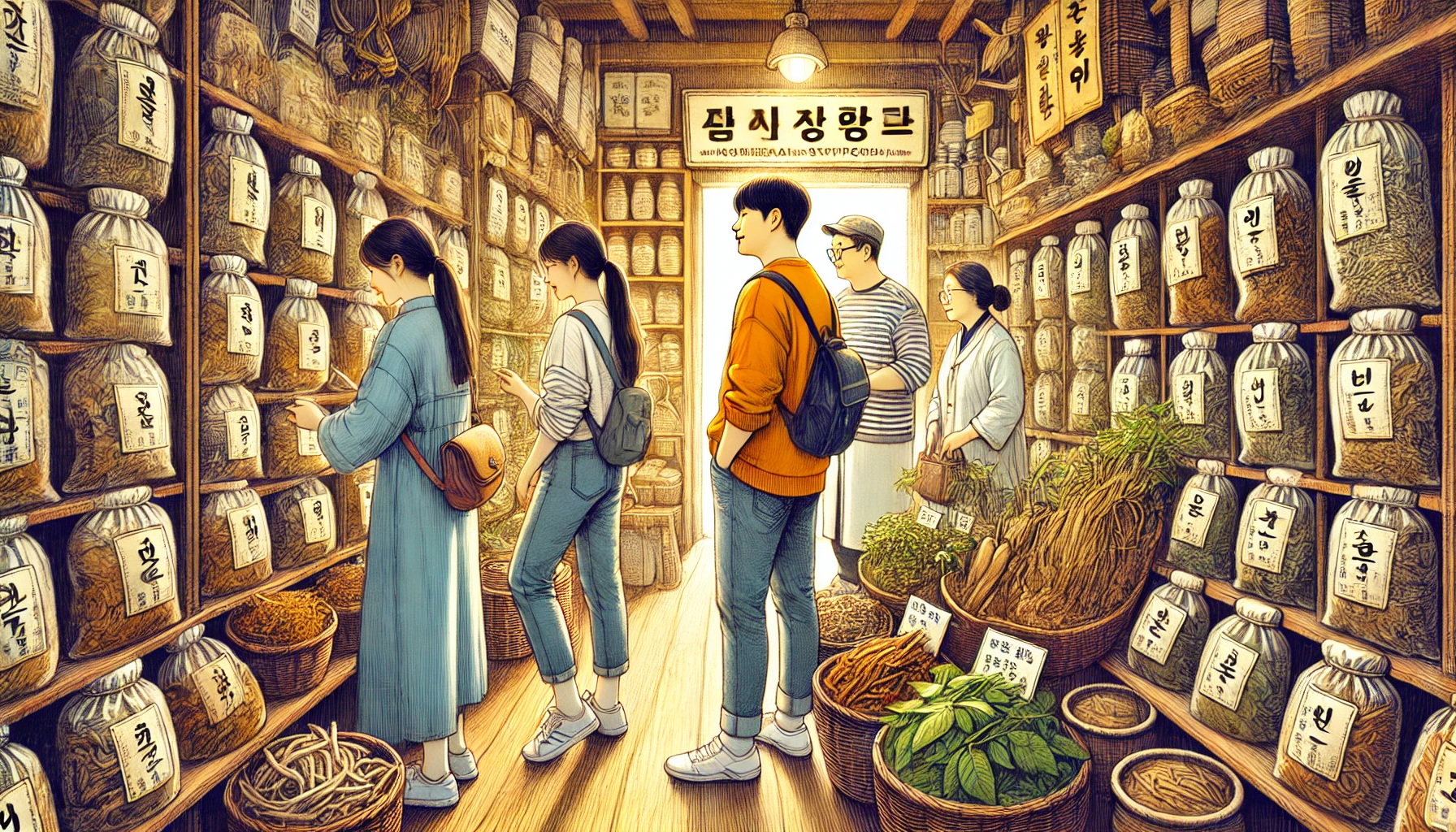 다양한 약초를 구경중인 관광객들