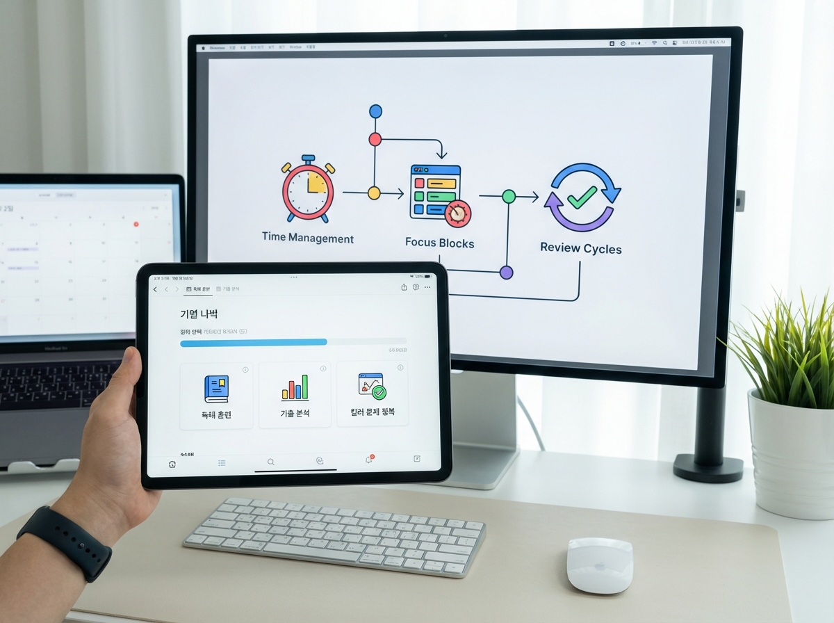 A close-up illustration of a student's workstation showing a detailed digital planner and monitor with icons and text for specific study strategies to pass the exam.