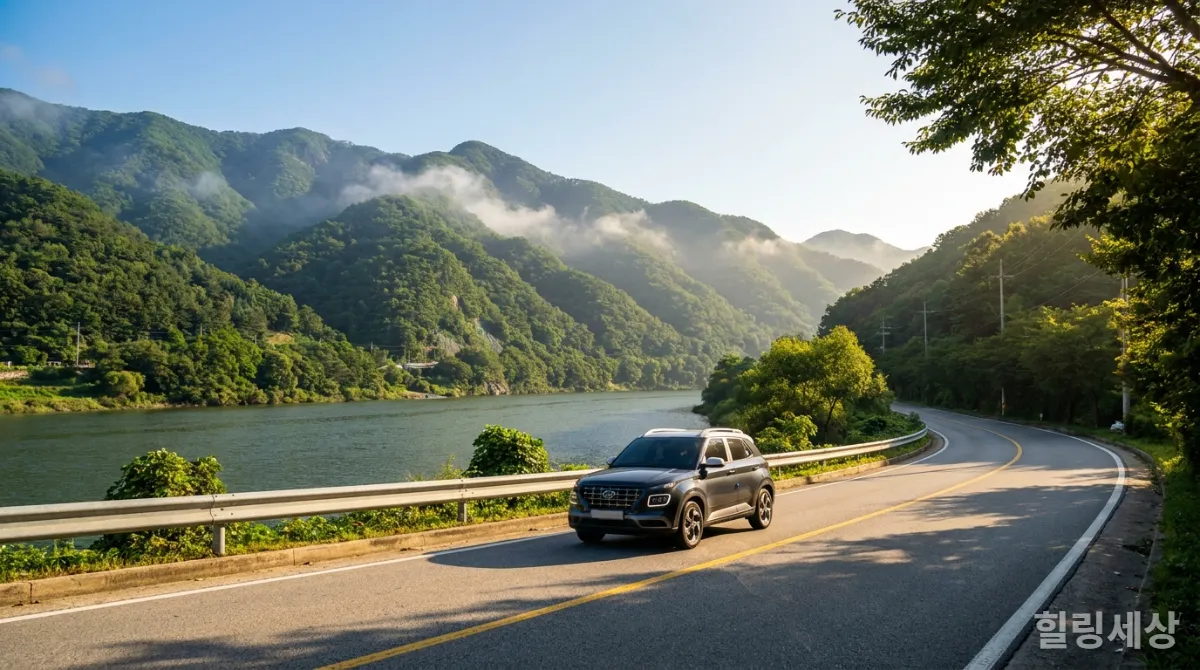 남양주 북한강 화음길을 따라 강변을 달리는 차의 모습