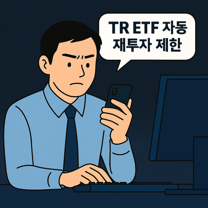 "TR ETF의 자동 재투자 제한 소식을 떠올리며 분배금 설정을 다시 확인하는 김대리. 복리 구조를 직접 만들어야 한다는 깨달음과 함께 설정 메뉴를 주시하는 모습."