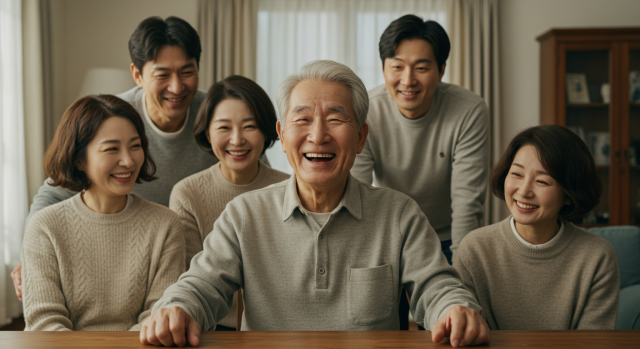 치료 후 밝은 표정으로 가족과 대화하는 노인