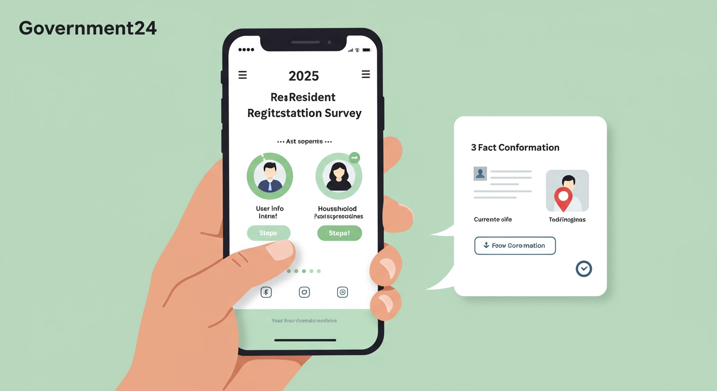 정부24 앱 화면에서 2025년 주민등록 사실조사 진행 단계를 보여주는 스마트폰 이미지. 사용자 정보, 세대 정보, 사실 여부 확인 단계가 표시되어 있습니다.