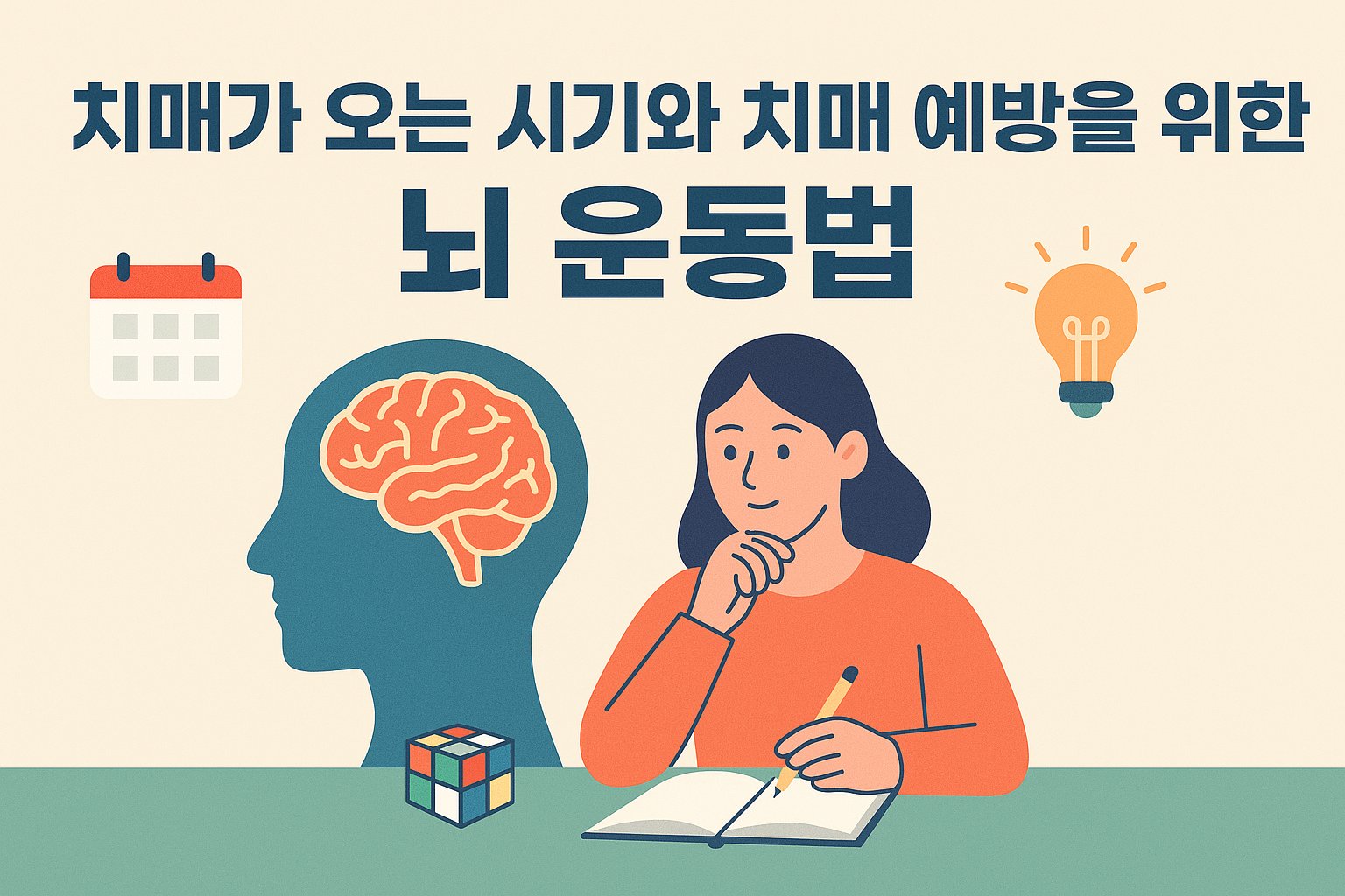 노트에 글을 쓰고, 루빅 큐브를 사용하는 여성의 모습과 함께 뇌 그림이 함께 구성되어 있어, 뇌 활동의 중요성과 인지 자극의 필요성을 시각적으로 전달합니다.
이 이미지는 블로그 글 *&lsquo;치매가 오는 시기와 치매 예방을 위한 뇌 운동법&rsquo;*에 활용하기 적합하며, 뇌 건강, 인지 훈련, 치매 예방 등과 관련된 콘텐츠에서 시선을 끌 수 있는 썸네일 역할을 합니다.