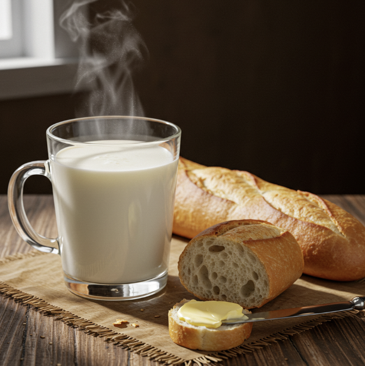 바게트와 버터 그리고 우유가 있는 테이블 위 모습