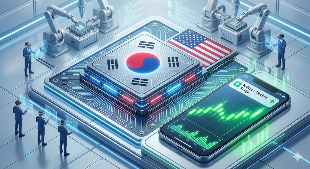 성조기 깃발이 뒤로 밀려나고 태극기 문양의 반도체 칩이 중앙을 차지하며 수익률 알람이 울리는 스마트폰 화면